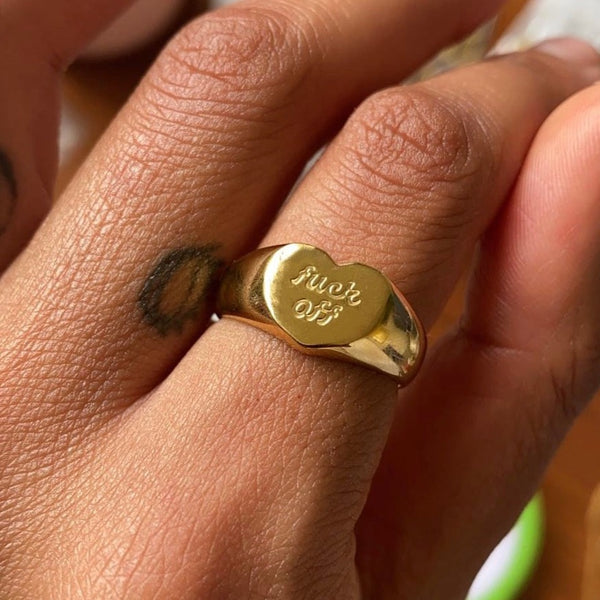PAURO Men's Stainless Steel Heart Ring - 'Fuck Off' Punk Style Personalized Statement Ring